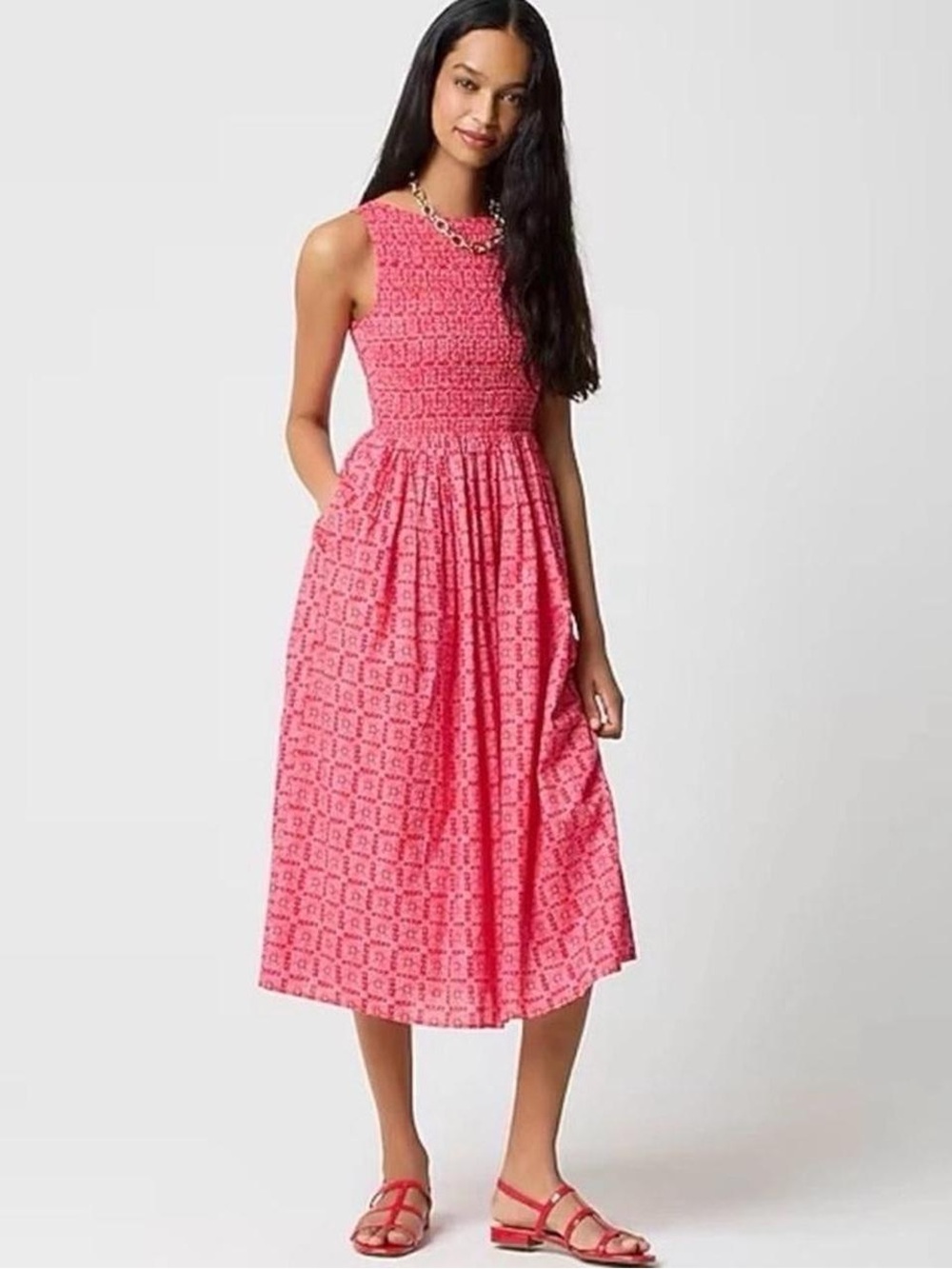 J. CREW Dress Smocked Boatneck Midi Cerise Lotus Bloom Pockets 100% Cotton XL